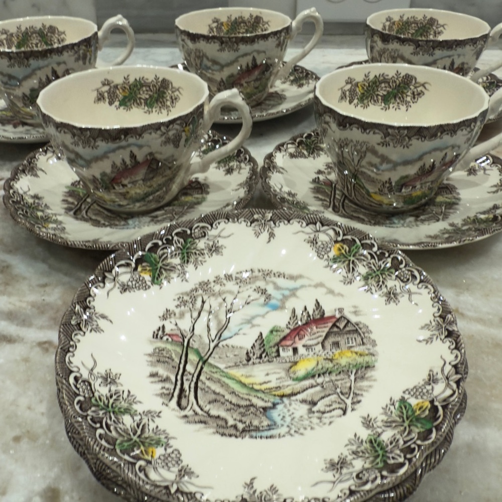 13 piece Staffordshire England Myott The Brook 5 Cup And Saucer Sets 3 Saucers